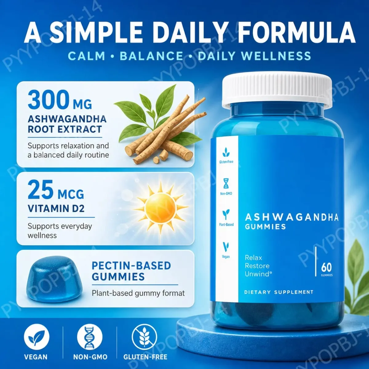 3-Pack Gummies Sæt: Ashwagandha til afstressning af tarmsundhed Probiotika + ACV Detox Vegansk Glutenfri Supplement 60 Ct hver — image 4