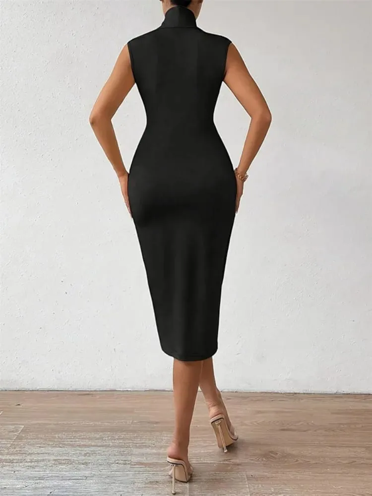 Onecozyday Women's Bodycon Dress Solid Color V-neck Sleeveless High Waist Sexy Midi Dresses 2025 Symmer Thin Party Dresses — image 3