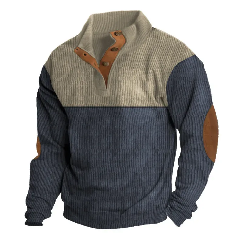 Men's Hoodies Spring And Autumn Corduroy Casual Patchwork Stand Collar Button Sports Hoodie Man Clothing — image 9