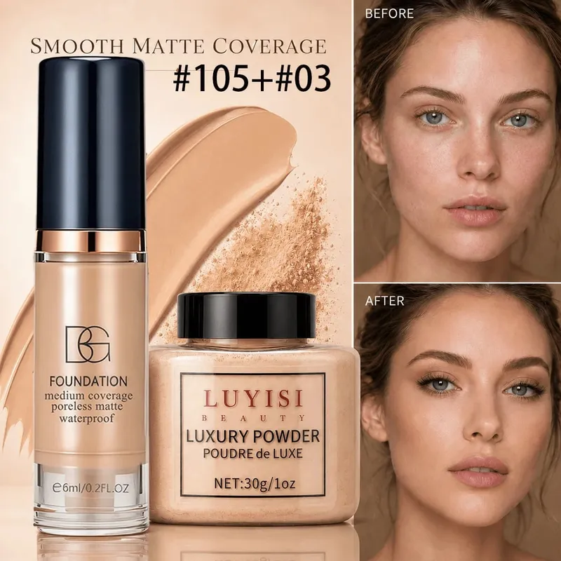Facial Makeup Set:1pc Matte Loose Powder+1pc Waterproof Fundation High-Coverage Long-Lasting Oil Control Creat Natural Looks.
