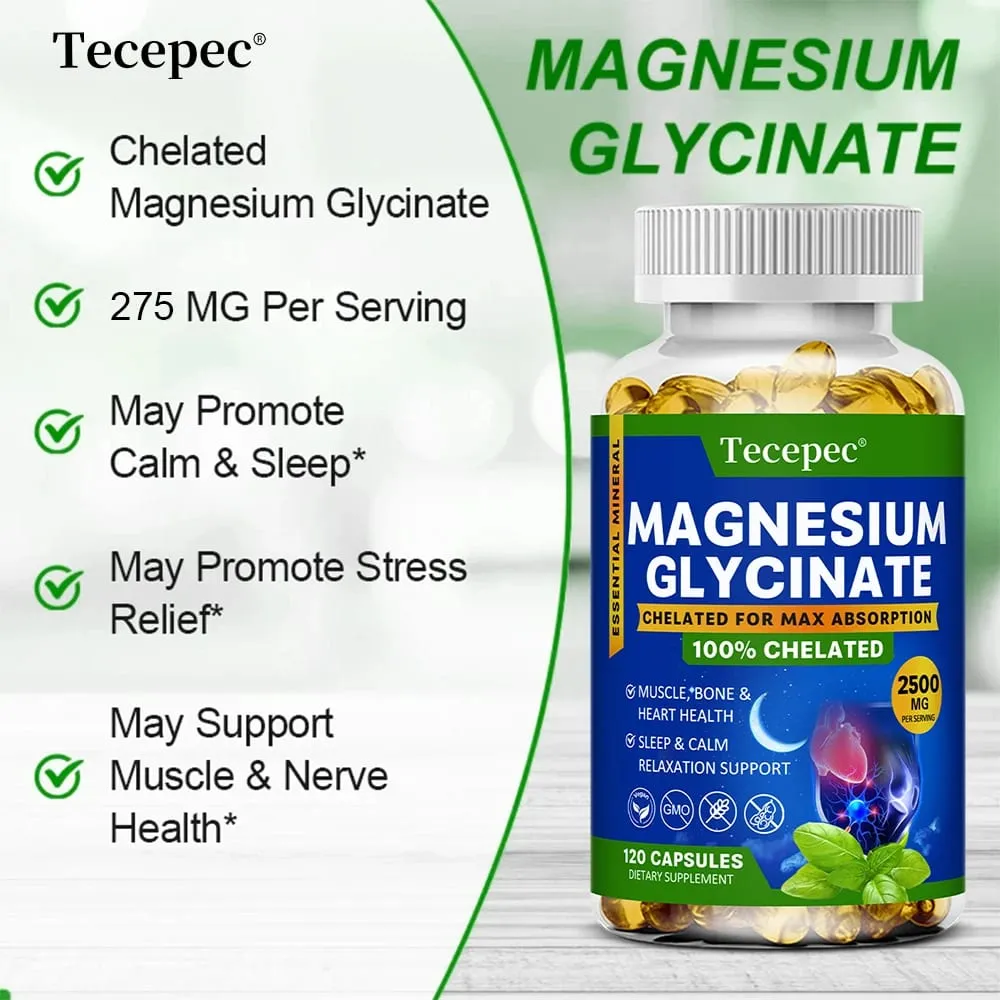 Magnesiumglycinatkapslar 2500mg - Kosttillskott för muskelnervben och hjärtstöd - Glutenfri icke-GMO — image 2