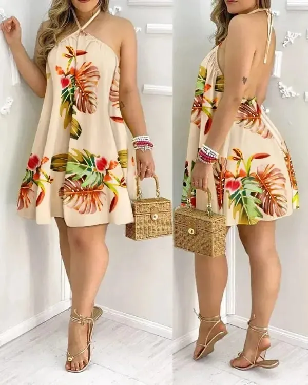 Women's 2026 Tropical Leaf Print Halter Neck Mini Dress Sleeveless Backless A-Line Summer Beach Sundress Casual — image 1
