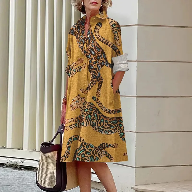 2024 Elegant Ladies Long Sleeve Shirt Dress Lapel Button Exquisite Printing Mid-Length Dress Casual Loose Commuter Shirt Dresses — image 13