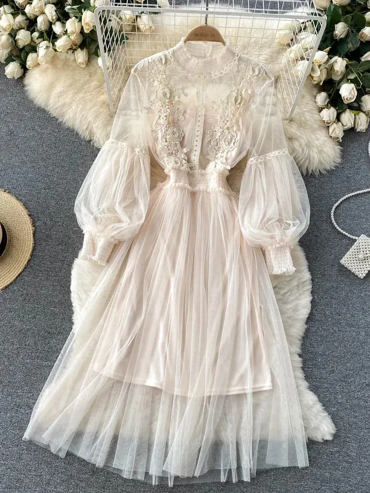 Ladies Dress Three-dimensional Flower Hook Mesh Temperament Stand Collar Lantern Sleeve High Waist Slim Female Dresses — image 3