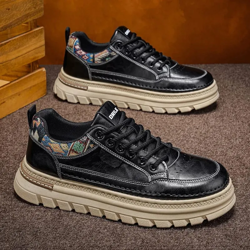Men Spring Summer Casual Shoes Thick Sole Platform Sneakers Smooth Texture Woven Collar Lace Up Comfortable Footwear