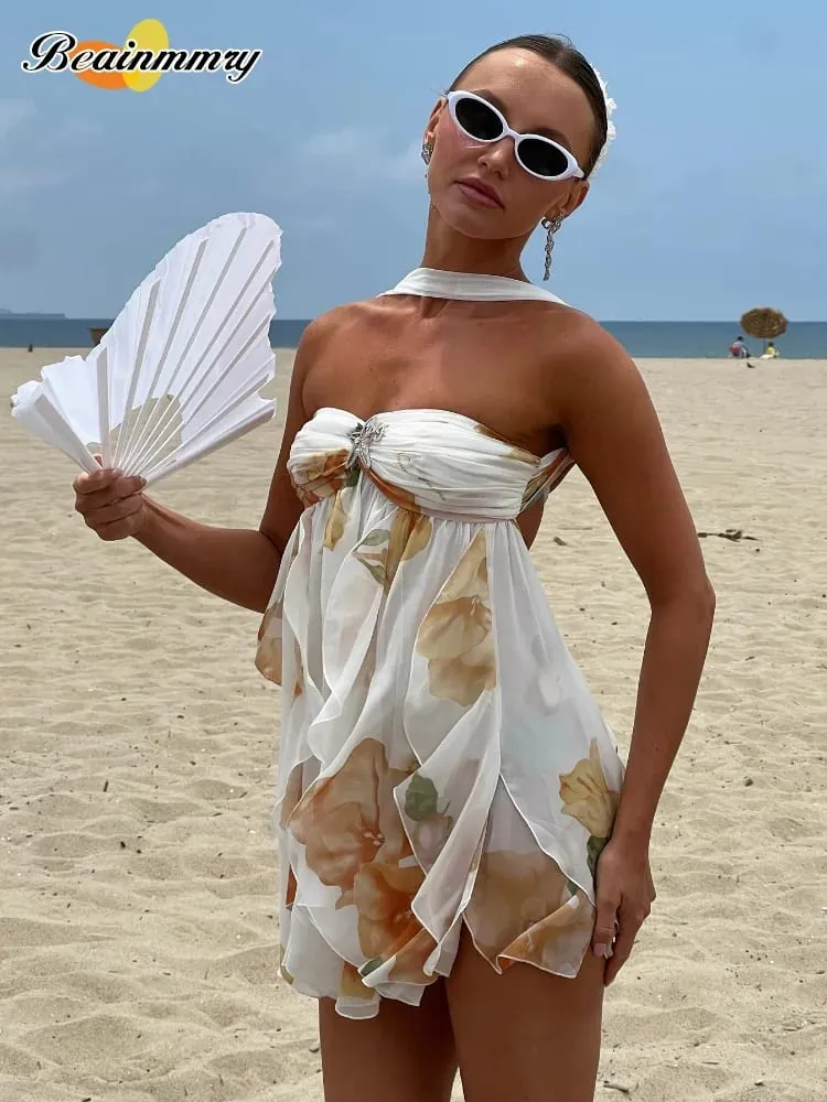 Women Casual Printed Pleated Scarf Collar Mini Dresses Chic Sleeveless Off Shouder Short Vestido Summer Lady Party Beach Robe — image 5