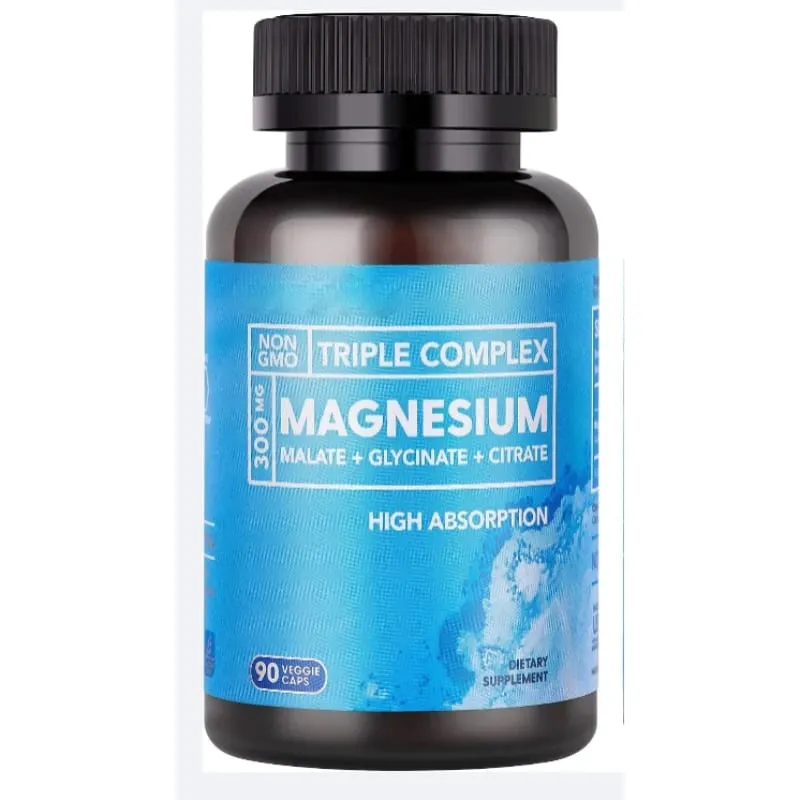 Háromszoros magnézium komplex 300 mg malát-glicinát-citrát nagy felszívódású napi ásványianyag-kiegészítő vegán, nem GMO 90 zöldségsapka