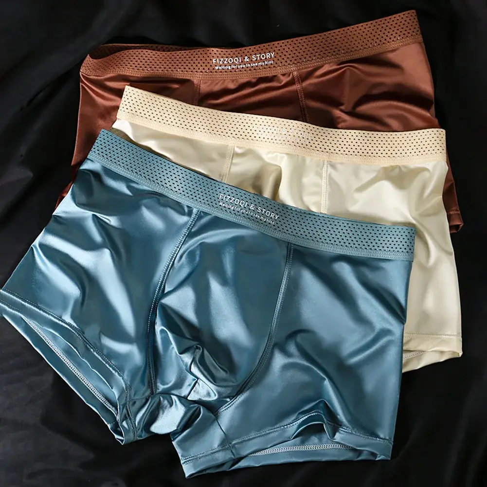 1pc Men Satin-like Ice Silk Boxers Smooth Panties Hollow Out Waistband Underpants Breathable Solid Color Underwear Trunk — image 5