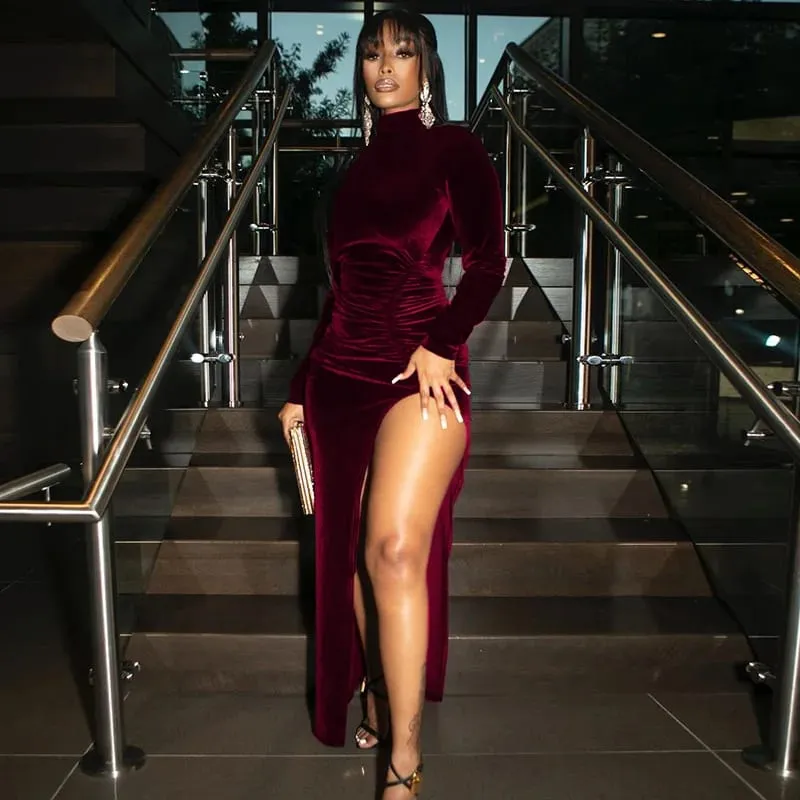 Women's Turtleneck Long Sleeve Velvet Maxi Dress Ruched High Slit Bodycon Evening Party Club Long Dress