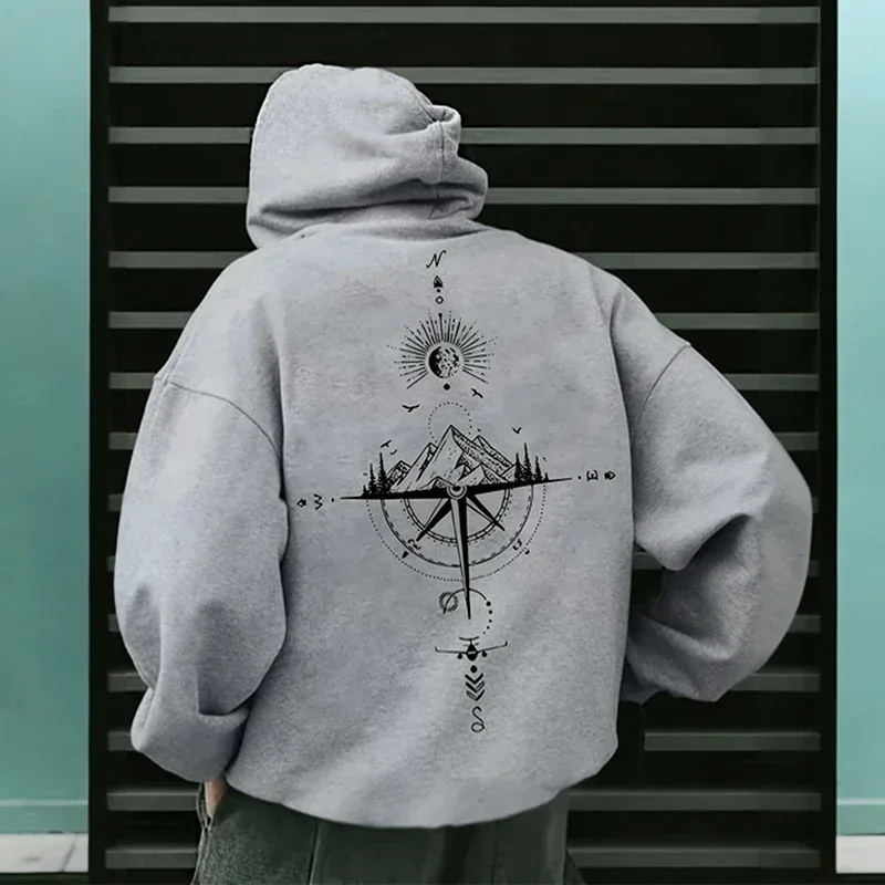 Vintage Compass Print Hoodies for Men High Quality Hooded Long Sleeve Pullover All Season Daily Casual Sports Tops Men's Clothes