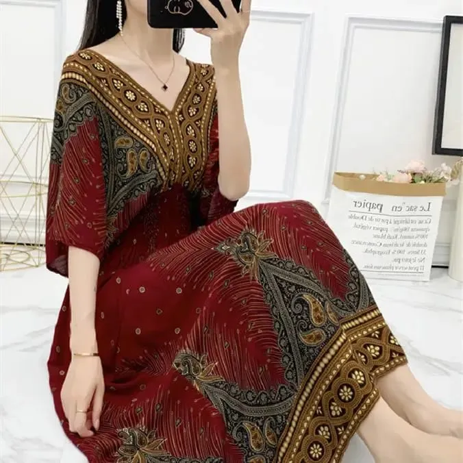 Casual Elegant Retro Bohemian National Style V-neck Elastic Waist Large Swing Printed Summer Long Skirt Woman Dress Clothes — image 15