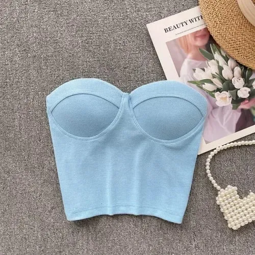 Strapless Western Style Skinny Tanks Camis for Women Summer Casual Solid Colours Female Corset Crop Tube Tops with Built In Bras