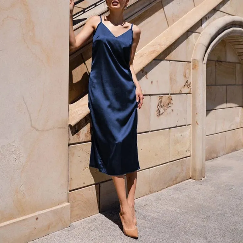 Satin Party Dress Summer Spaghetti Straps V-Neck Backless Long Dresses For Women Sexy Vestidos Clearance — image 5
