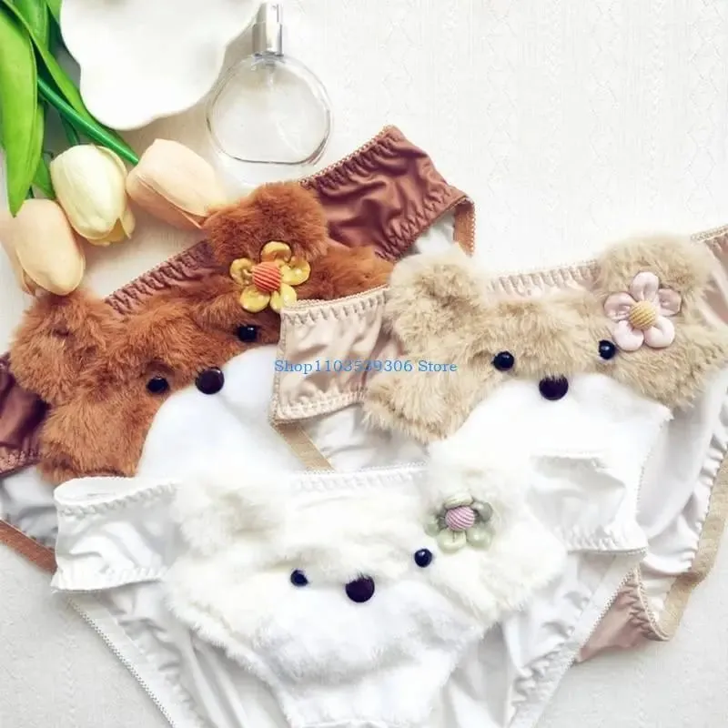 400A Women Cartoon Plush Bra Panty Set Funny Bear Bra Panties Set Lovely Lingerie