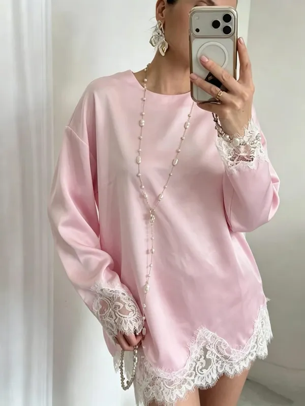 Hellblaues Spitzen-Satin-Rundhalskleid für Damen, elegantes, seitlich gebundenes, langärmliges, weiches, kurzes Kleid, 2026, tägliches Urlaubs-Party-Sommerkleid — image 4