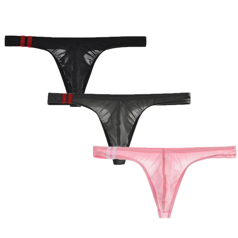 3Pcs/lot Sexy Underwear Men's T-Back Underpants Thongs G-String Ice Silk Breathable Male Bikini Panties U Convex Pouch Undies — image 4