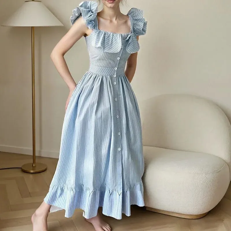 Létající rukávy Pruhované dlouhé šaty Žena Elegantní Jednořadé róby áčkového střihu Dámské elegantní letní šaty Dámské róby Sváteční — image 3
