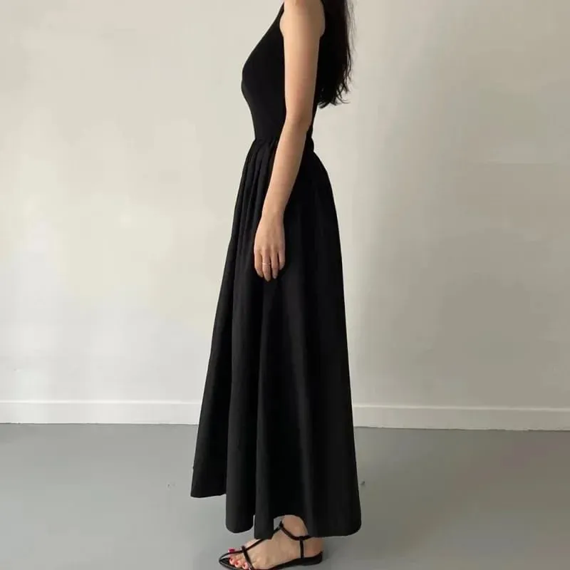 New Summer Simple Elegant Black Long Dresses For Women Round Neck Sleeveless High Waist Temperament Female Fashion Style Dress — image 5