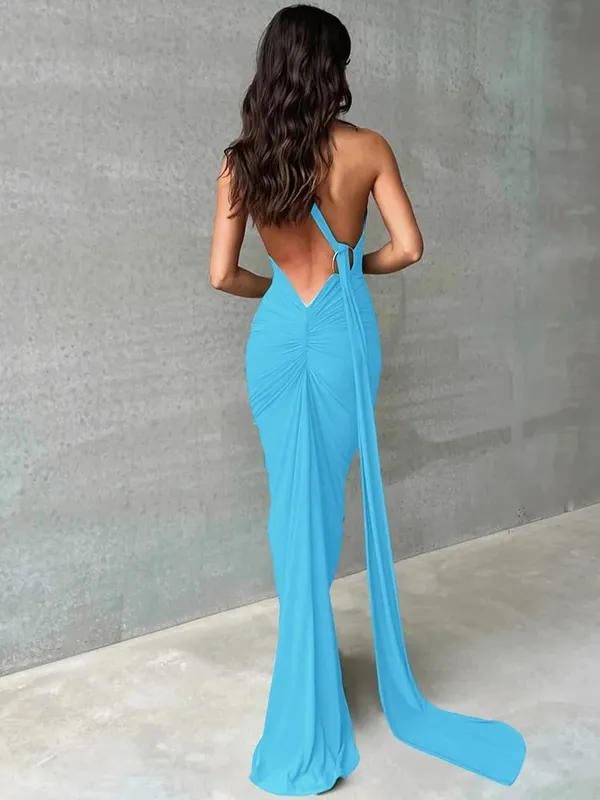 Hugcitar One Shoulder Backless Adjustable Scarf Loop Ruched Sexy Maxi Dress Women Elegant Y2K Streetwear Festival Outfit — image 18