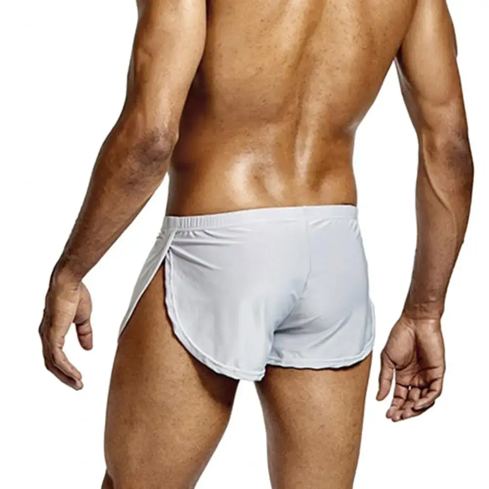 Homens cor sólida respirável shorts de cintura baixa calcinha elástica cintura lateral split gelo seda lounge shorts cuecas pijamas — image 7