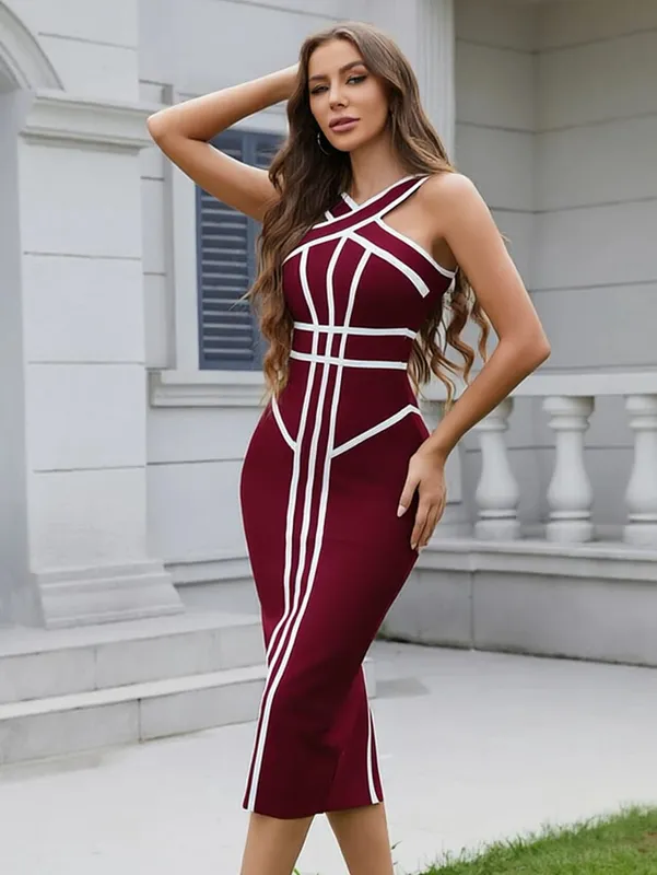 Classic White And Black Stripes Bandage Long Evening Dress Luxury Contrast Vintage Woman Bodycon Elastic Dress Slim Midi — image 9