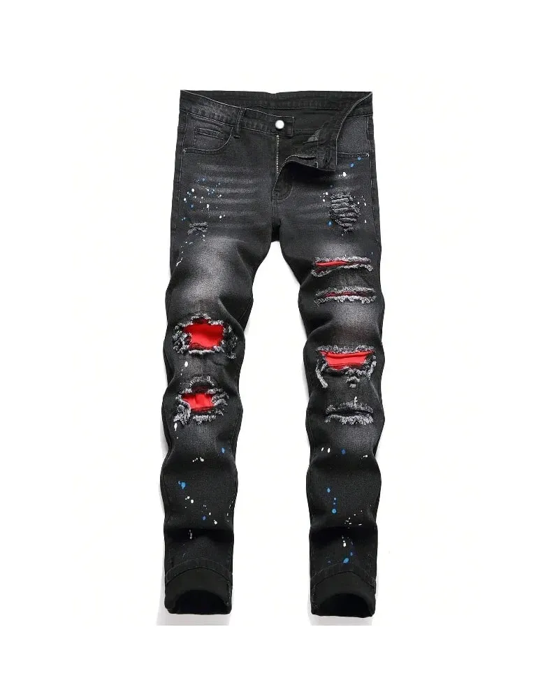 2025 Autumn New Stretch Jeans Fashionable Ripped Patchwork Slim European American Pants Male Paint Dot Hip Hop Denim Trousers — image 9