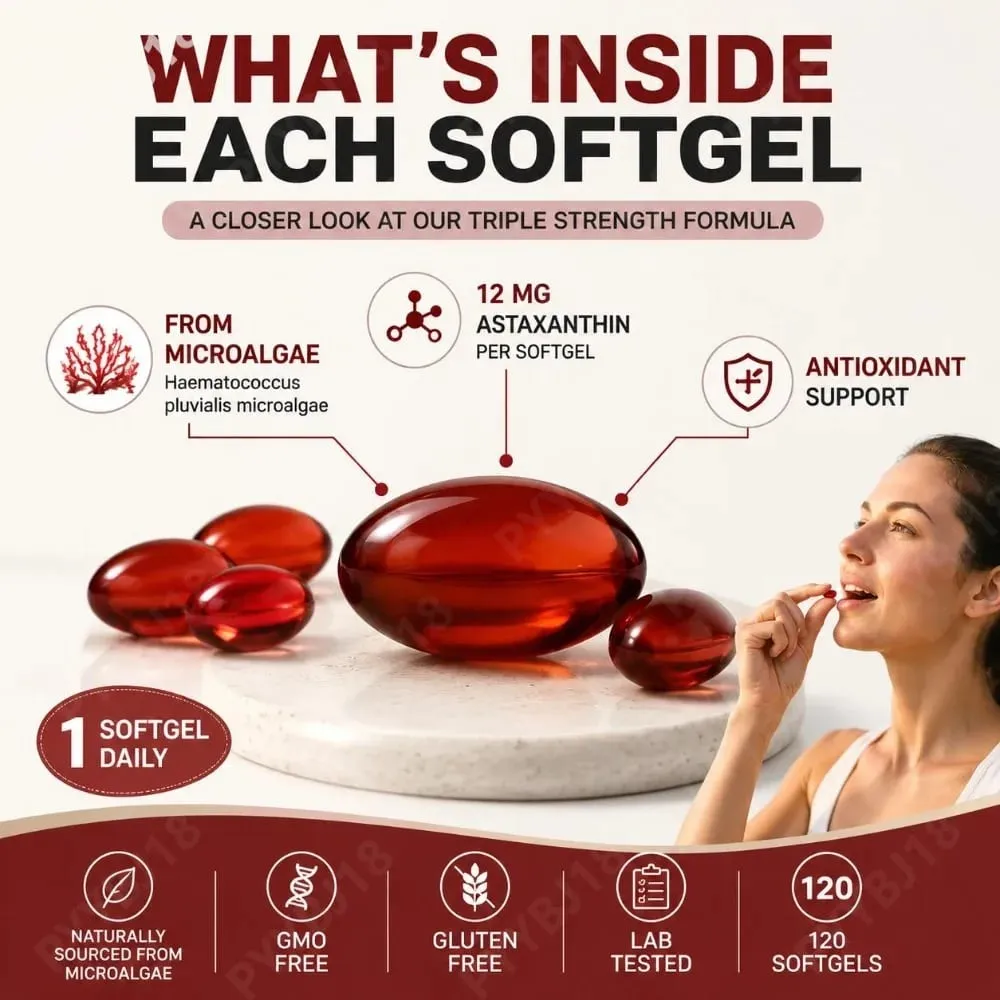 Astaxanthin 12mg Softgels from Microalgae Triple Strength Antioxidant Supplement Cellular Wellness & Everyday Balance 120 Count