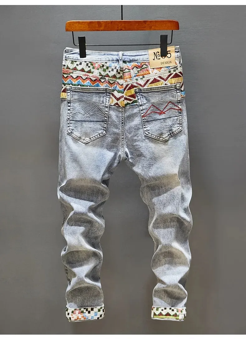 Stitching Embroidered Printed Jeans Men's Cool Smart Street Fashion Design Pattern Slim Fit Feet High-End Washed Trousers — image 10