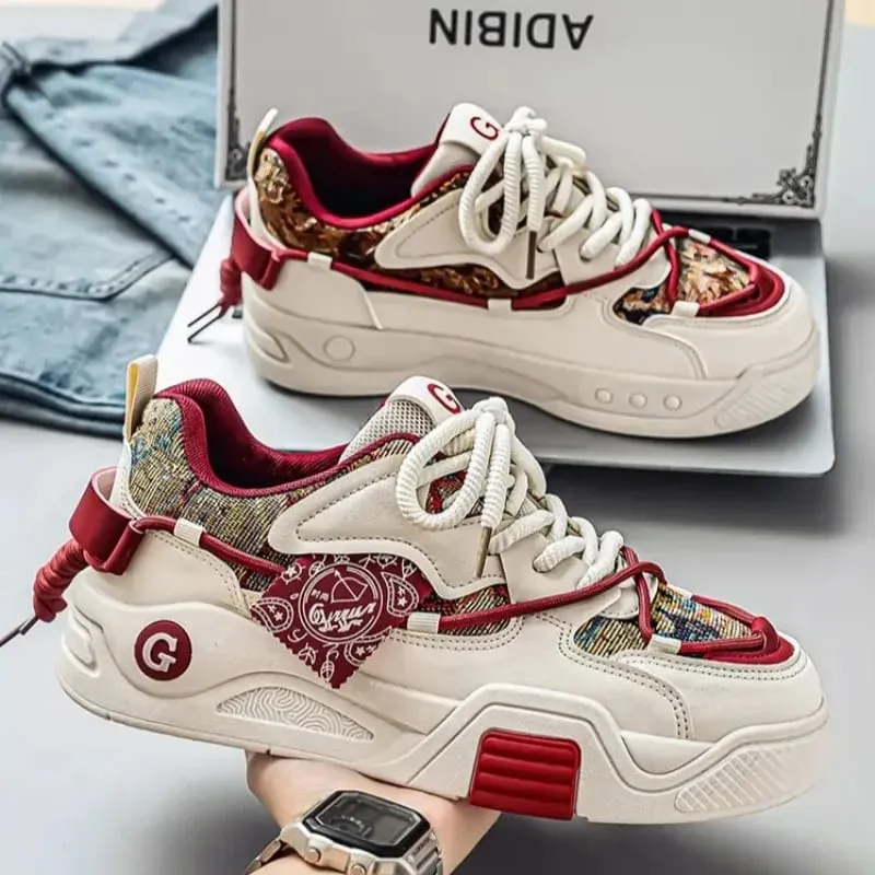 Kasut Kasual Lelaki Musim Bunga Musim Panas Tapak Chunky Kasut Kasual Blok Warna Retro Cetakan Grafik Lace Up Kasut Pelantar Rata Tebal