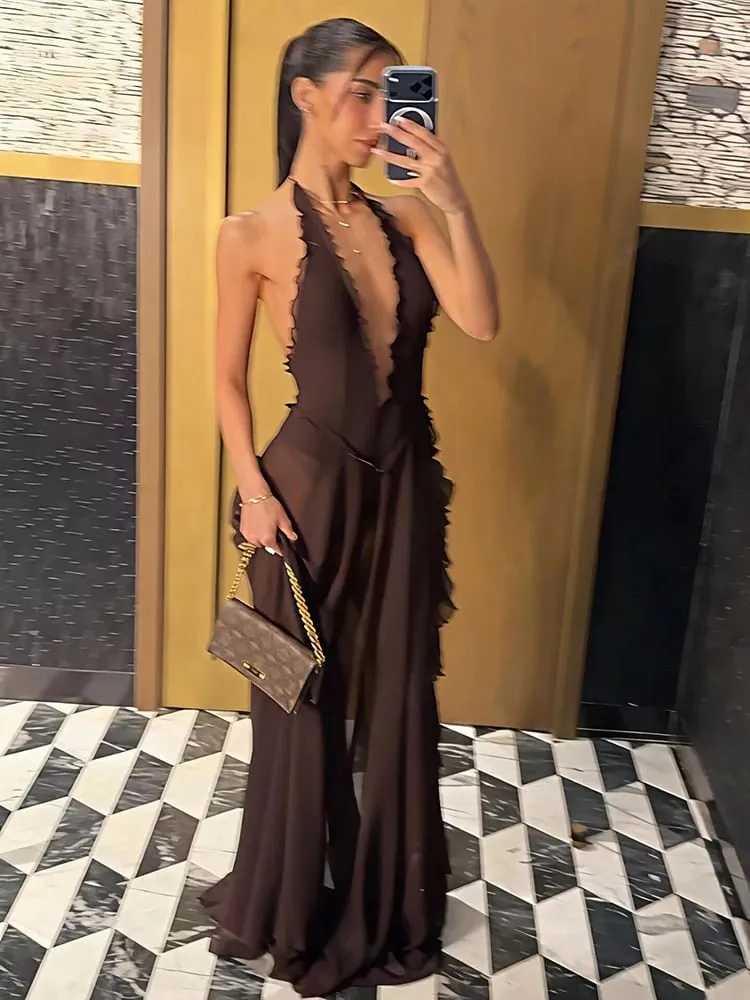 Mozision licou col en V profond dos nu Sexy robe Maxi femmes élégant épaules dénudées sans manches haute fente Club fête longue robe — image 3