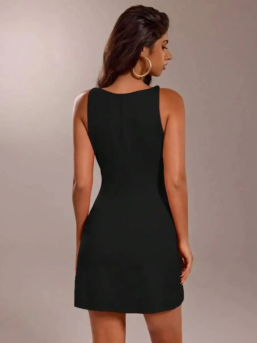 Abito da donna elegante tinta unita senza maniche in vita stretto mini abito da sera casual da donna — image 3