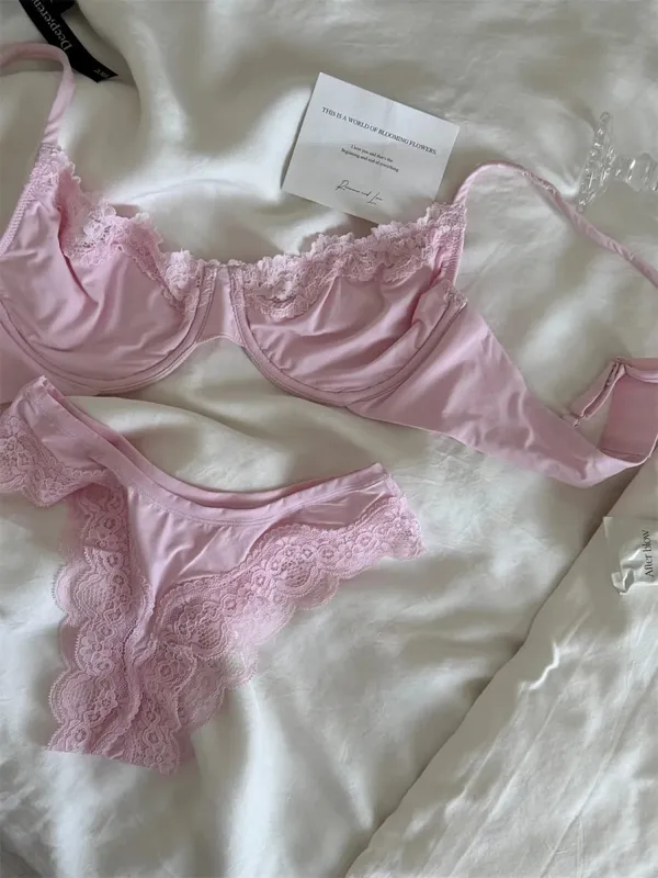 Rosafarbenes, ungefüttertes Vollschalen-BH-Set, Bügel, Spitzenbesatz, Lift, bequem, minimalistisch, nahtlos, hautfreundlich, Alltags-BHs und Höschen — image 9