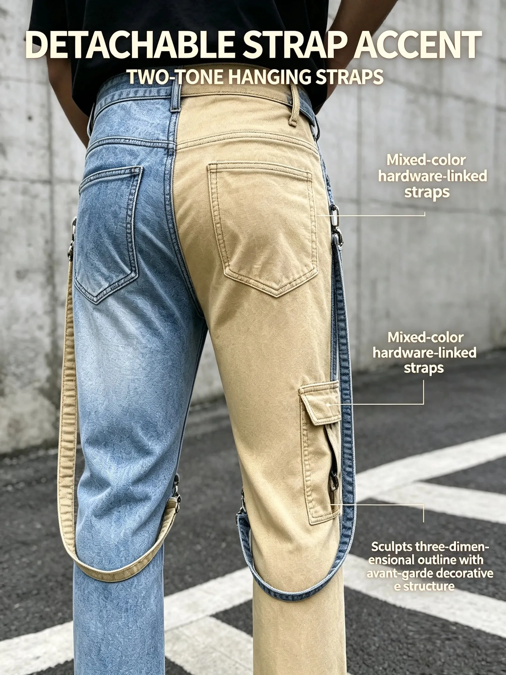 Y2K Jeans for Men Techwear Retro Cargo Pants Flared Bootcut Jeans Contrast Color Splicing Strap Streetwear Denim Trousers — image 4