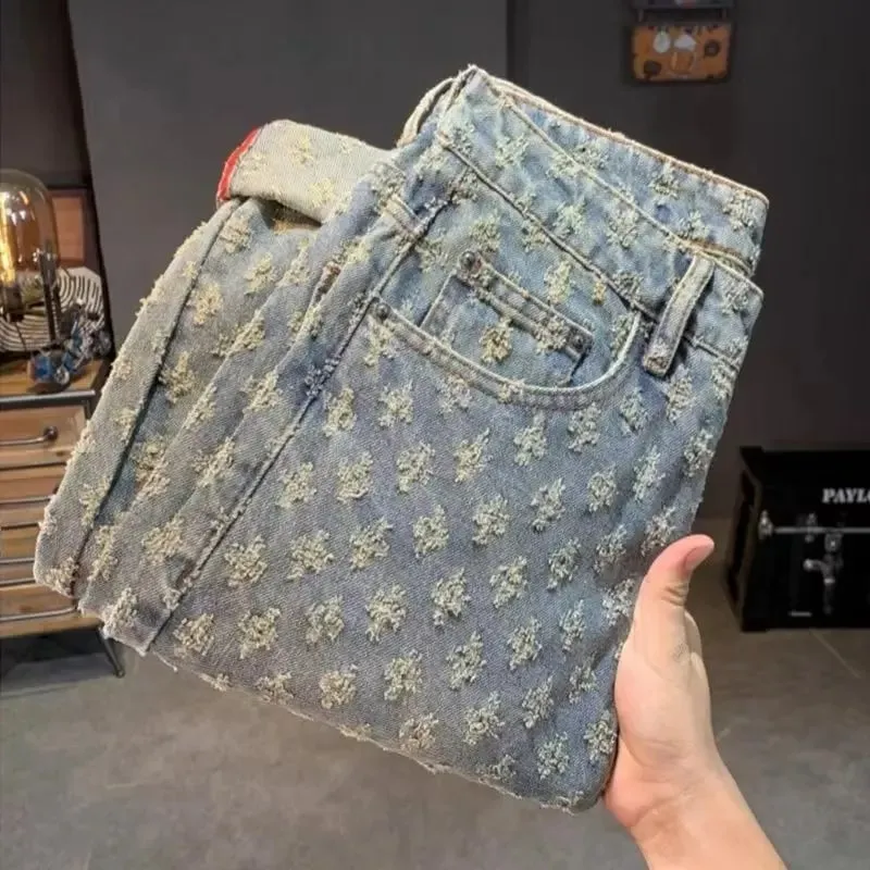 Full-print Jacquard Jeans Men's Summer Trendy high-end Streetwear Pants American High street Straight-leg slightly Flared Pants