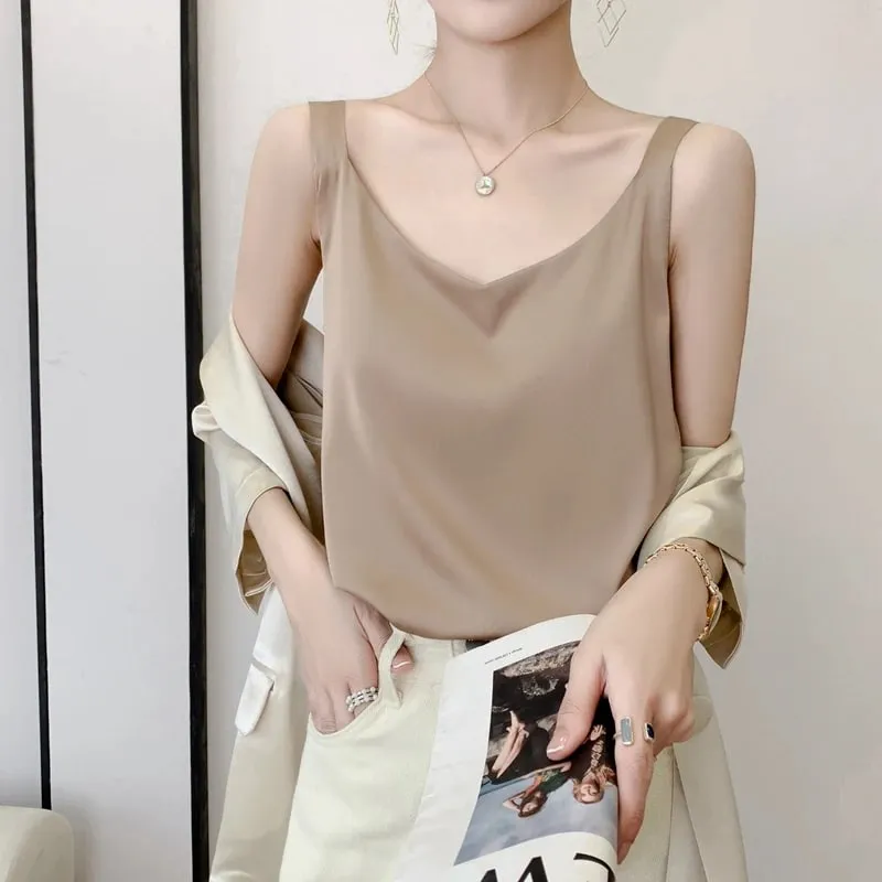 Silk Camisole Ladies Summer Suit Inside V-Neck Satin Bottoming Vest 2025 Thin Loose Sleeveless Sling Silk Tops Small Shirt Trend — image 13