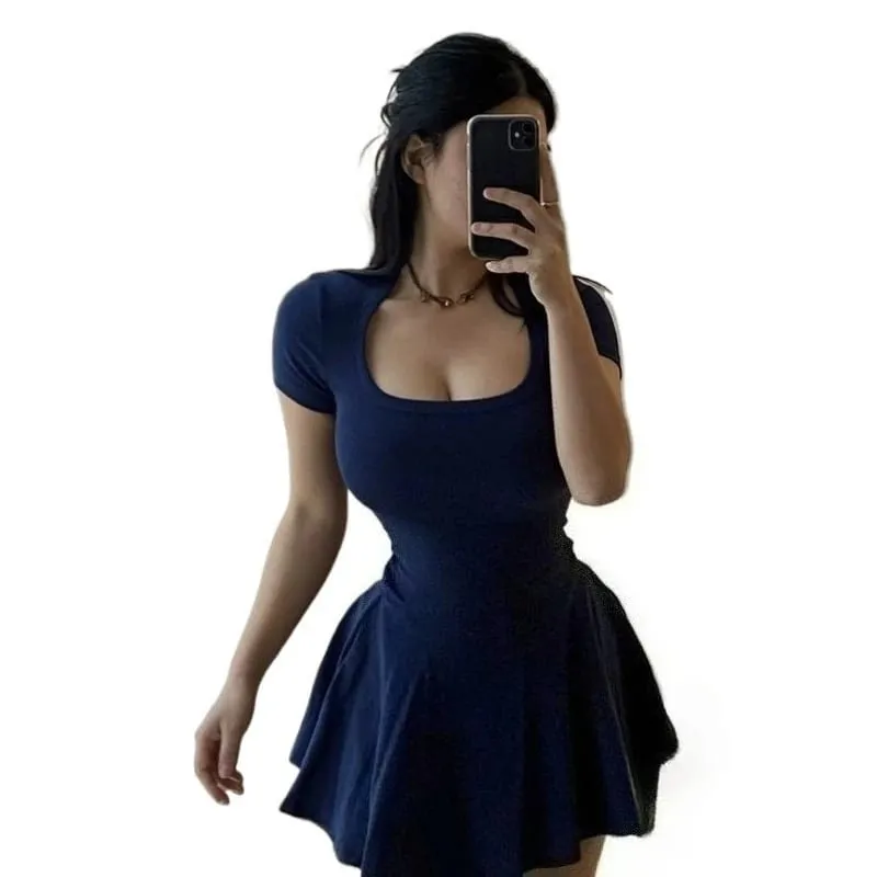 Sweet & Spicy Chic Solid Color Mini Dress Short Sleeve French-Inspired Waist-Defining Petite A-Line Dress for Women Fall Fashion — image 8