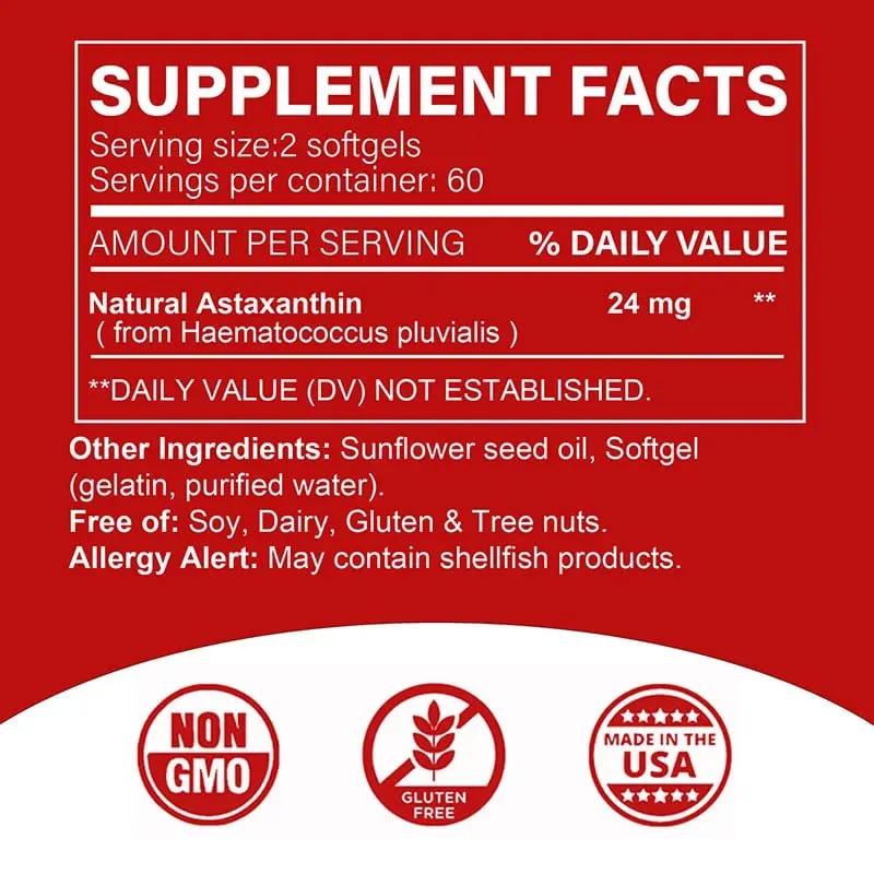 Astaxanthin 24mg - Promotes Cardiovascular Health & Accelerates Metabolism Supporting Eye Joint & Skin Health
