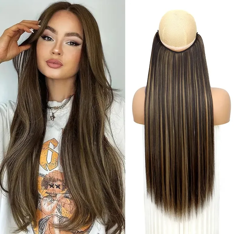 24Inch Synthetic No Clips In Hair Extension Fish Line Invisible Black Blonde One Piece Long Straight Fake Hair Piece for Women