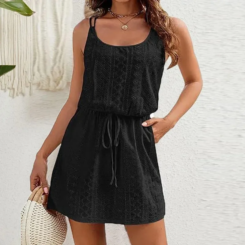 Summer Sleeveless Mini Dress Women Casual A-Line Drawstring Pocket Beach Holiday Dresses For Women Short Dress White Sundress — image 2