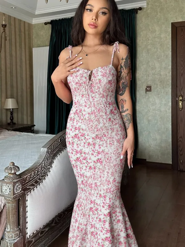 Hugcitar květinový potisk Bez rukávů Bez záda Šněrovací Maxi šaty Sexy Bodycon Léto Elegantní outfity Sváteční párty Velkoobchod — image 11