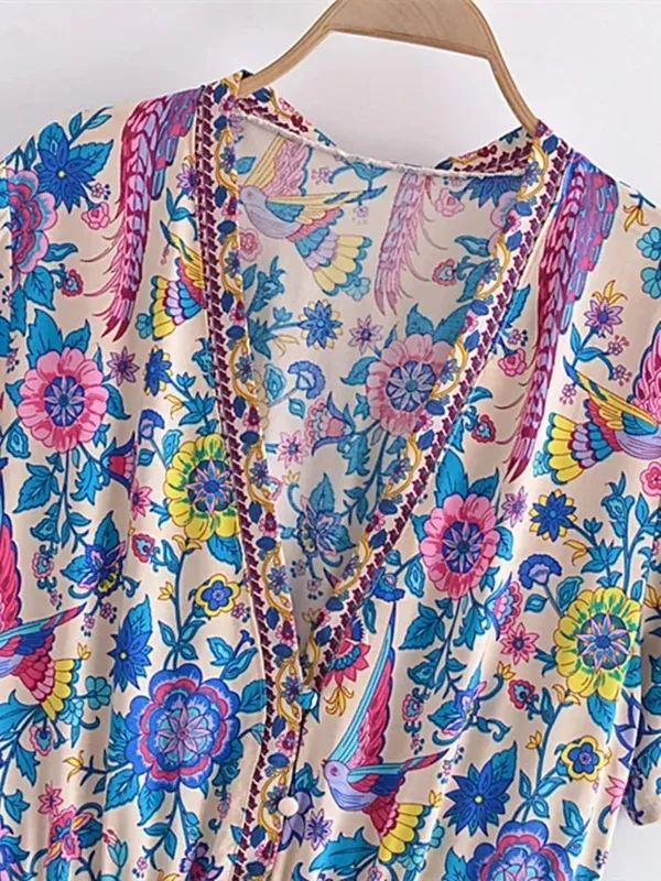 Vintage Chic Women Peacock Květinový potisk Hluboký výstřih do V Bohémské minišaty Dámské Krátký rukáv Happie Beach Boho šaty Vestidos — image 3