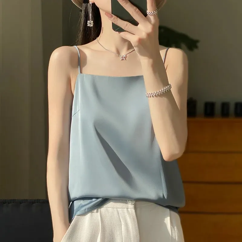 New Ice Silk Sexy Satin Strap Women's Spring/Summer Vest Solid Color Sleeveless Sexy Comfortable Silk Underwear Vest RW-D19 — image 10