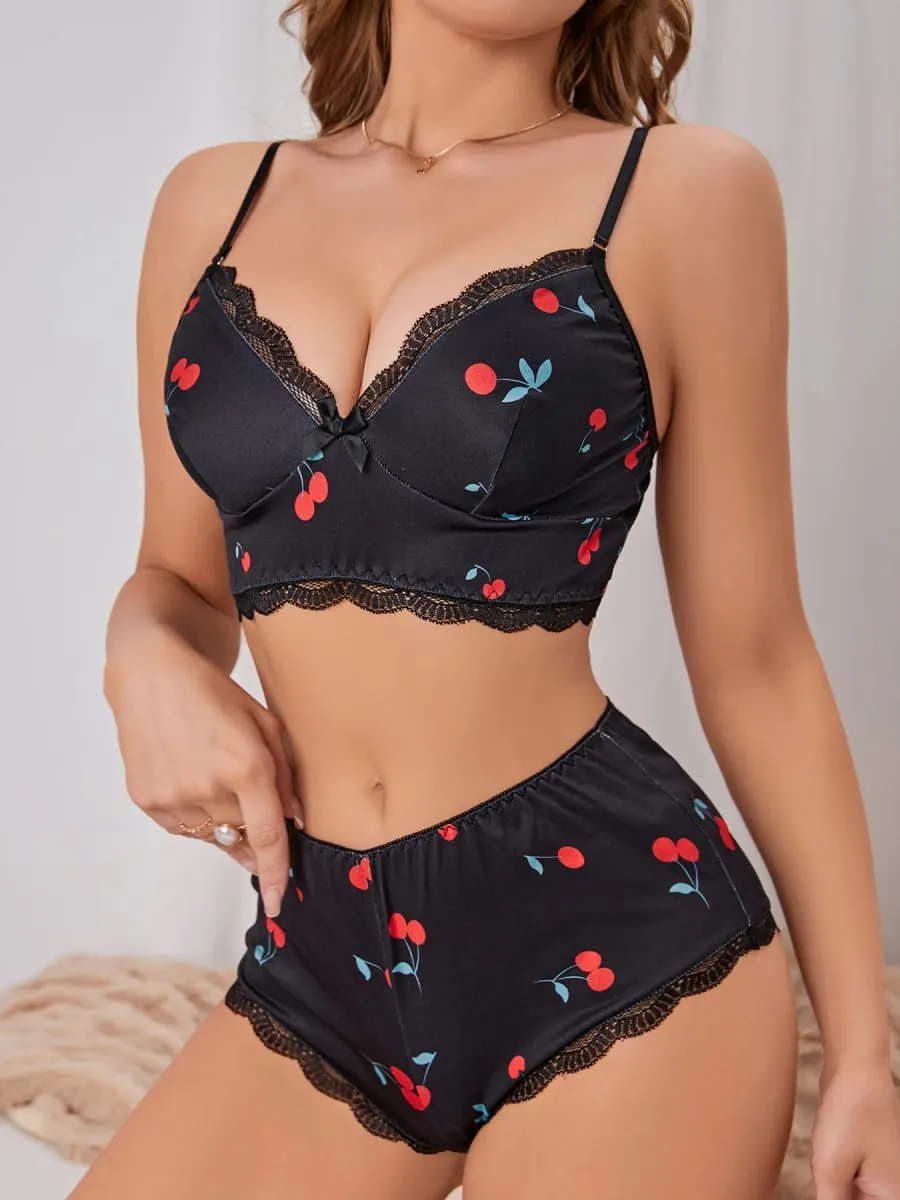 Summer Cherry Stretch Print Deep V-Neck Strappy Camisole & Panty 2-Piece Set – Soft Loungewear for Casual Home Wear — image 4