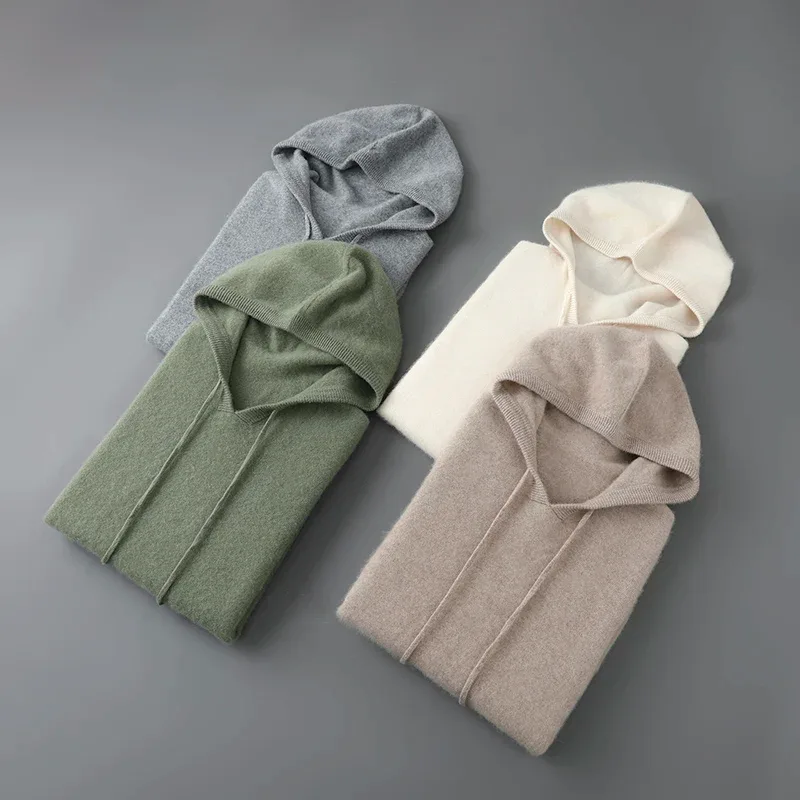 DjzDsm ฤดูใบไม้ร่วงฤดูหนาวเสื้อกันหนาวผู้ชาย 100% Merino ขนสัตว์หนา Hooded Pullover เสื้อถักนุ่มสบายๆขนสัตว์เสื้อผ้า Tops