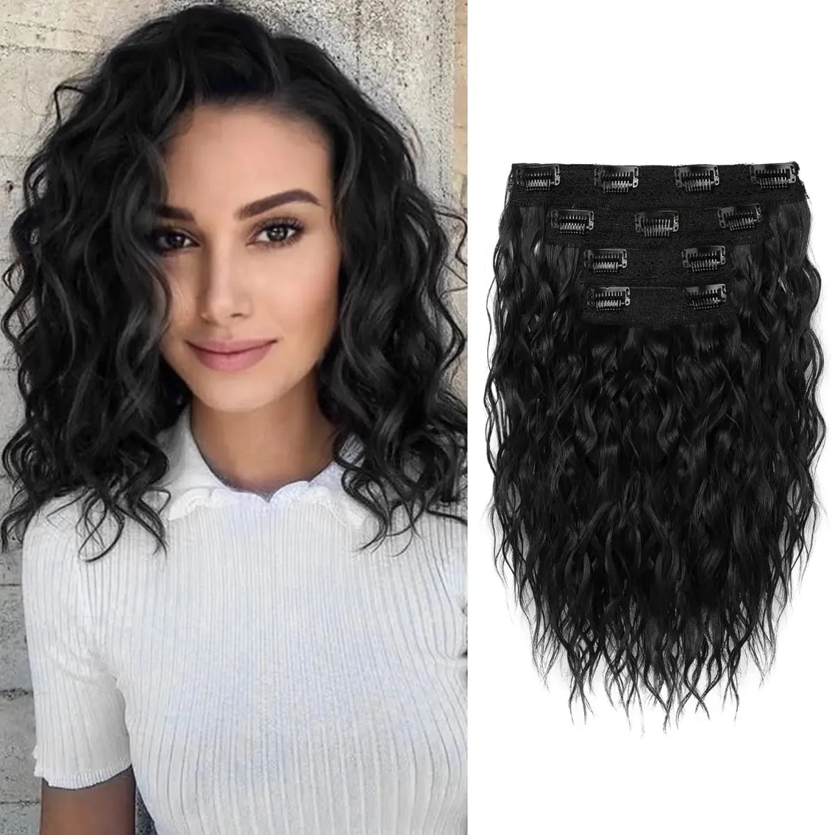 Synthetic Hair Extensions 6PCS Curly Clip In Hair Extensions 12" Short Curly Wavy Invisible Natural Soft Hairpieces for Women