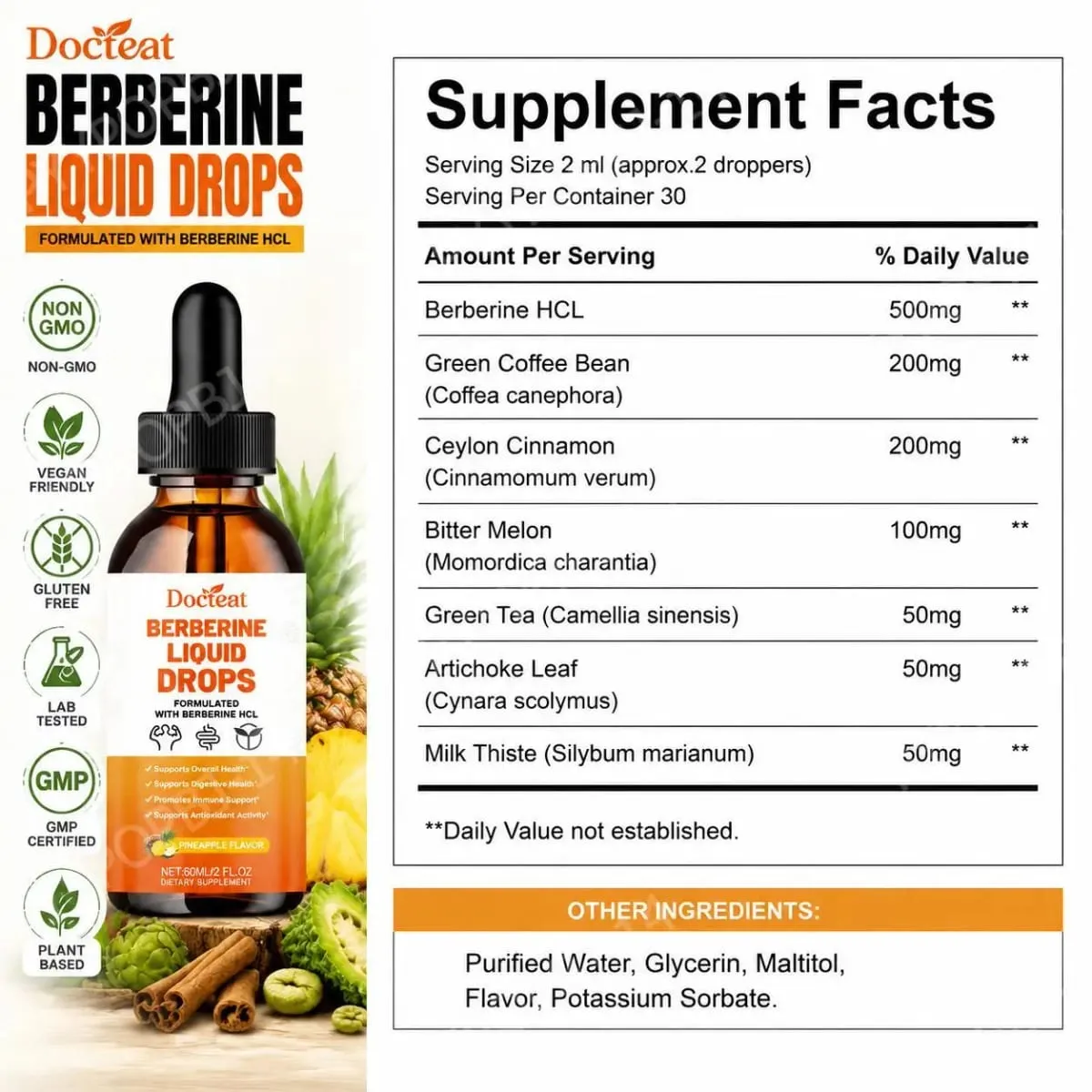 Docteat Berberine HCl Liquid Drops Supports Digestive Health with Ceylon Cinnamon and Green Coffee Bean Pineapple Flavor 60 Ml