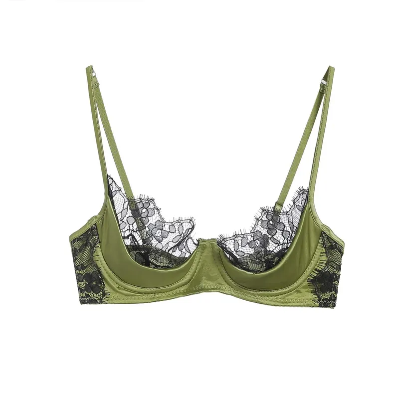 ผู้หญิงชุดชั้นในครึ่งถ้วยชุดลูกไม้ฝรั่งเศสสีเขียว Ultra Thin SHEER นุ่มสบาย Underwire Bra หน้าอกขนาดเล็ก 32-38AB ขนาด