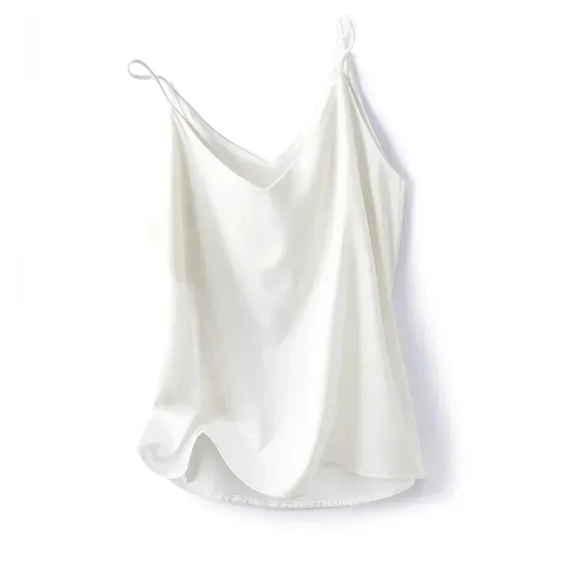 2026 Spaghetti Strap Top Women Halter V Neck Basic White Cami Sleeveless Satin Silk Tank Tops Women's Summer Camisole Crop Top