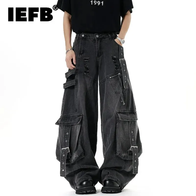 American Style Men's Jeans Solid Color Multi Pockets Casual Worn-out Trousers Deconstruction Wide Leg Denim Pants 9W4066 — image 2