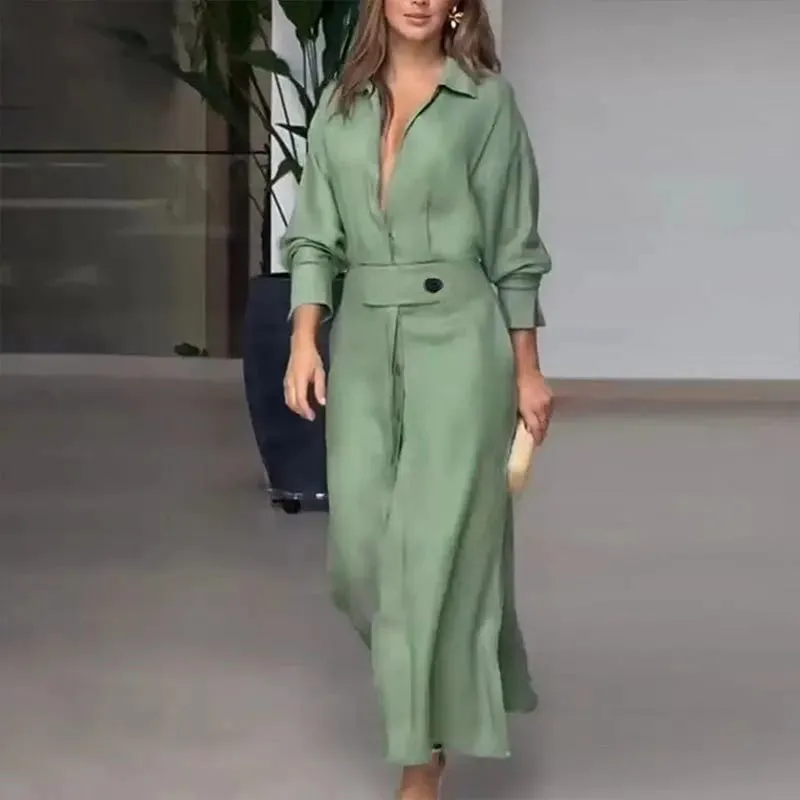 Women's Dress Autumn New Fashion Elegant Long Sleeve Leisure Solid Color V Neck Sexy Ladies Shirt Dresses Commuting Streetwear